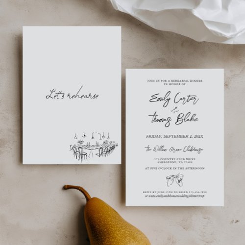 Whimsical Hand Drawn Black White Rehearsal Dinner Invitation