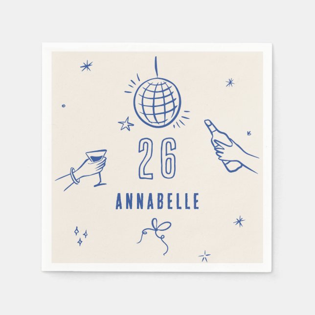 whimsical hand drawn blue birthday drinks party napkins (Front)
