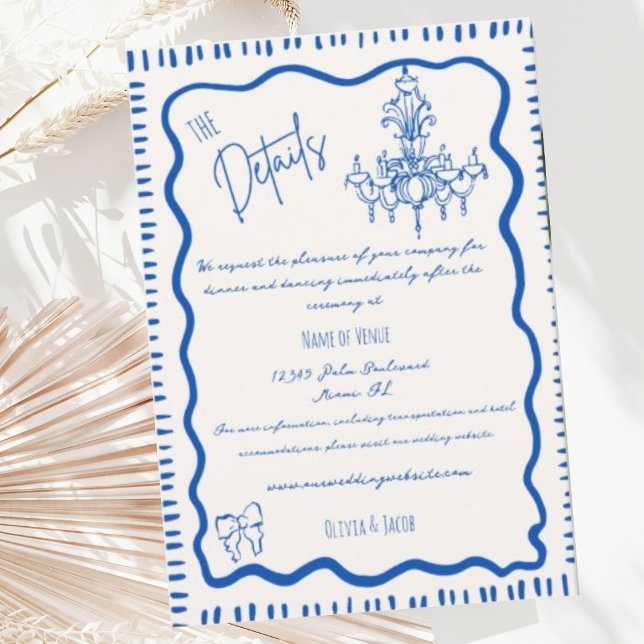 Whimsical Hand Drawn Blue Bow Wavy Wedding Details Enclosure Card (Creator Uploaded)