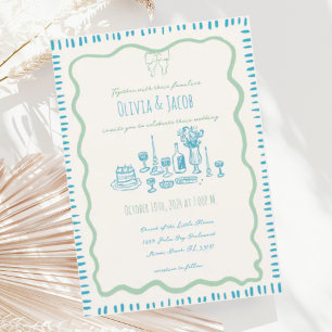 Whimsical Hand Drawn Blue Bow Wavy Wedding Invitation