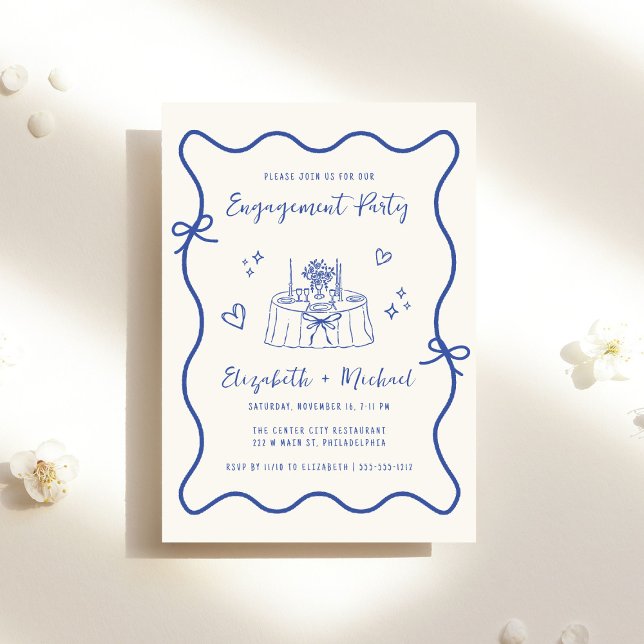 Whimsical Hand Drawn Blue Cream Engagement Party Invitation (Creator Uploaded)