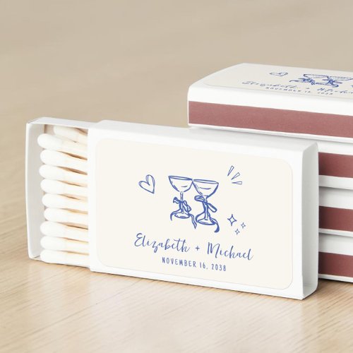 Whimsical Hand Drawn Blue Cream Wedding Favor Matchboxes