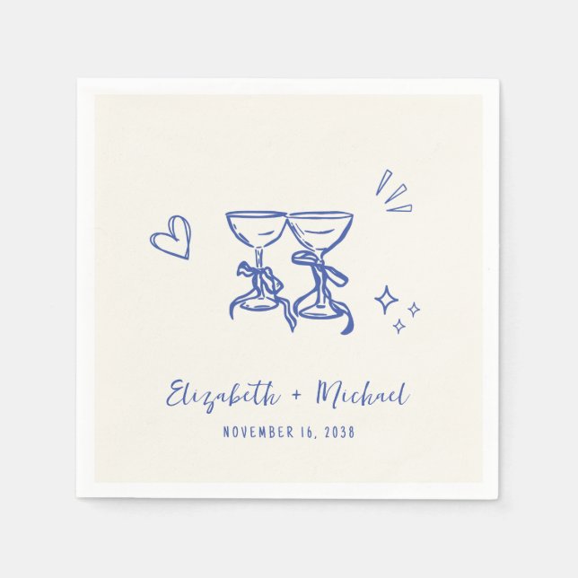 Whimsical Hand Drawn Blue Cream Wedding Napkins (Front)