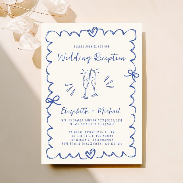 Whimsical Hand Drawn Blue Cream Wedding Reception Invitation (Fun reception invitation featuring whimsical hand drawn champagne glasses, hearts + coquette bows)