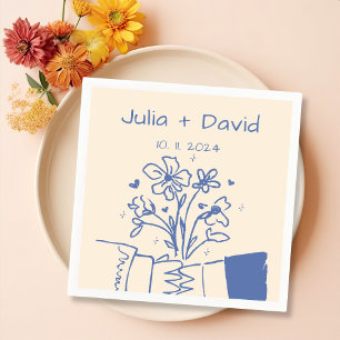 Whimsical Hand Drawn Blue Floral Wedding Napkins