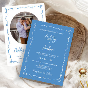 Whimsical Hand Drawn Blue Frame Hearts Wedding Invitation