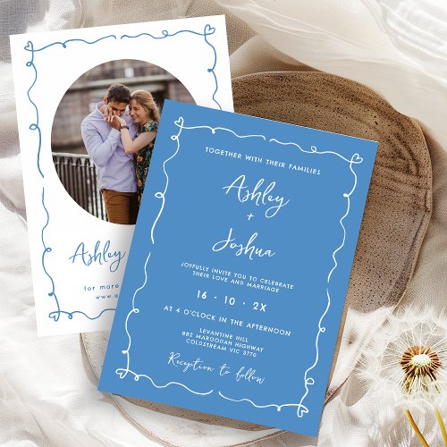 Whimsical Hand Drawn Blue Frame Hearts Wedding  Invitation