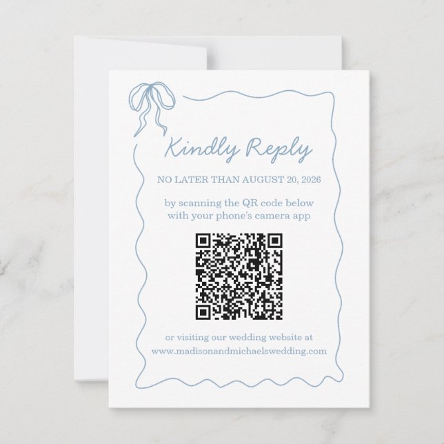 Whimsical Hand Drawn Blue Illustrated Qr Code RSVP Card (Front)