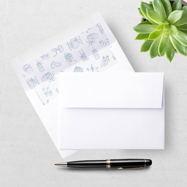 Whimsical Hand Drawn Blue Illustrated Wedding Envelope Liner (Creator Uploaded)