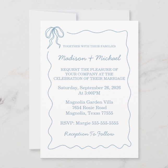 Whimsical Hand Drawn Blue Illustrated Wedding Invitation (Front)