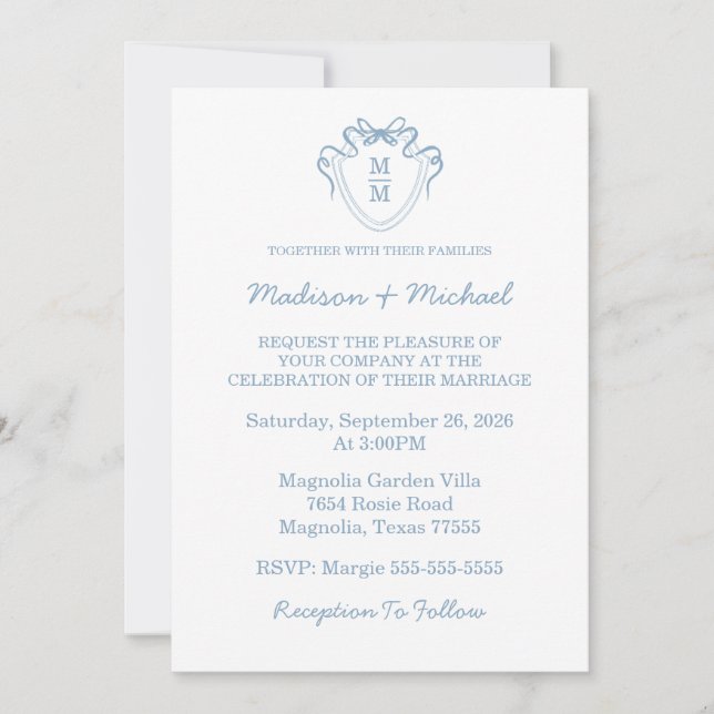 Whimsical Hand Drawn Blue Illustrated Wedding Invitation (Front)