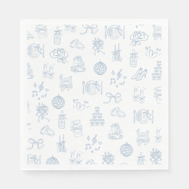 Whimsical Hand Drawn Blue Illustrated Wedding Napkins (Front)