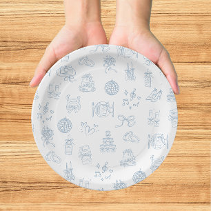 Whimsical Hand Drawn Blue Illustrated Wedding Paper Plates