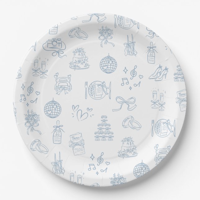 Whimsical Hand Drawn Blue Illustrated Wedding Paper Plates (Front)
