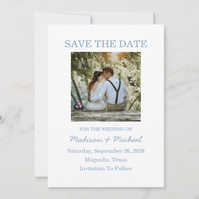 Whimsical Hand Drawn Blue Illustrated Wedding Save The Date (Front)