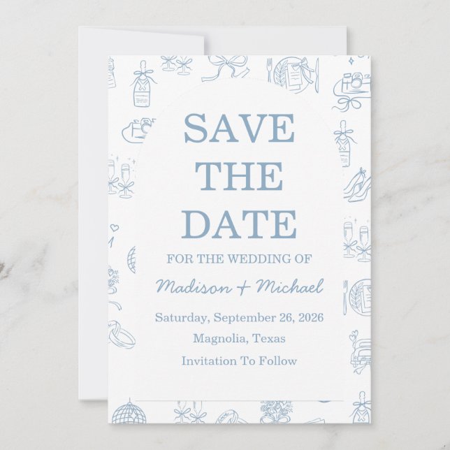 Whimsical Hand Drawn Blue Illustrated Wedding Save The Date (Front)