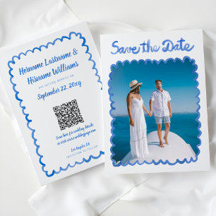 Whimsical Hand Drawn Blue Photo QR Website Save The Date