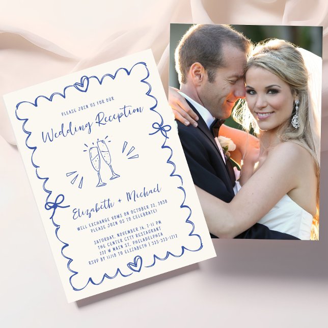 Whimsical Hand Drawn Blue Photo Wedding Reception Invitation (Whimsical Hand Drawn Blue Photo Wedding Reception Invitation)