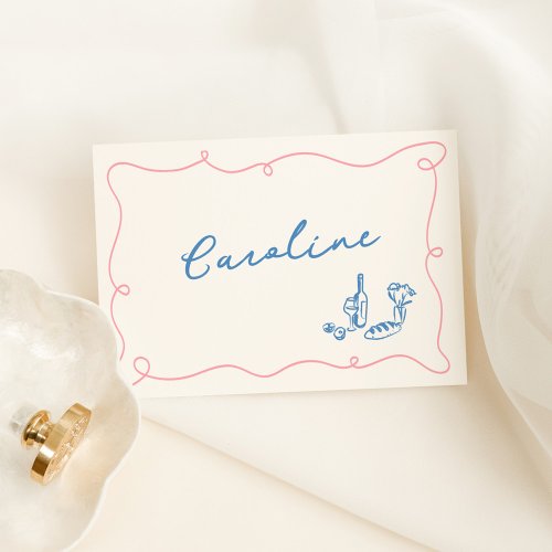 Whimsical Hand Drawn Blue  Pink Place Card