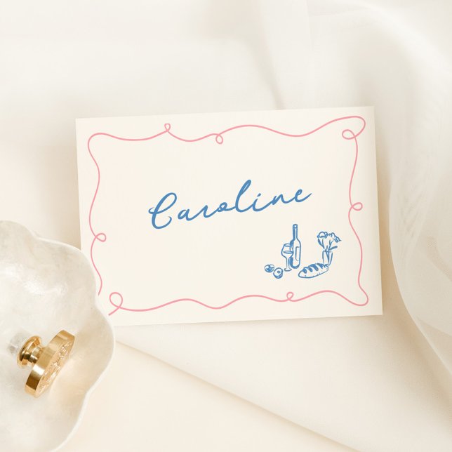 Whimsical Hand Drawn Blue & Pink Place Card (Creator Uploaded)
