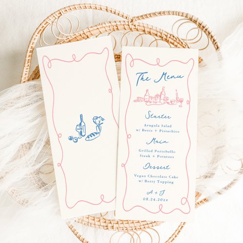 Whimsical Hand Drawn Blue  Pink Wedding Menu