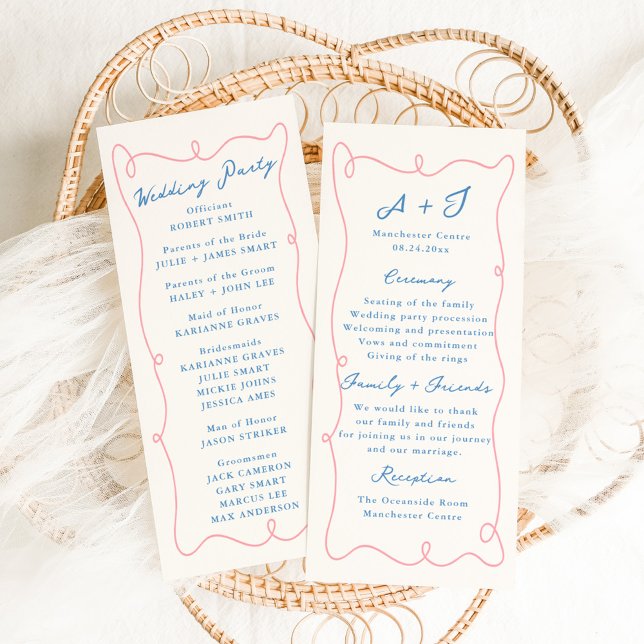 Whimsical Hand Drawn Blue & Pink Wedding Program (Creator Uploaded)