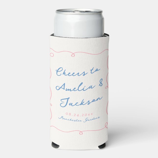 Whimsical Hand Drawn Blue & Pink Wedding Seltzer Can Cooler (Seltzer Front)