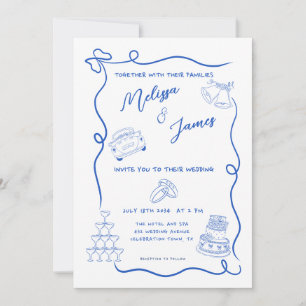 Whimsical Hand Drawn Blue Quirky Wedding Invitation