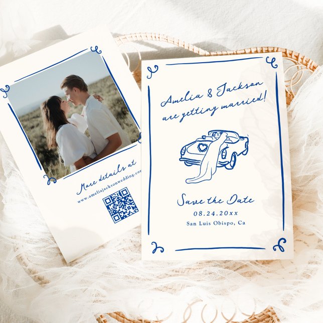 Whimsical Hand Drawn Blue Save the Date QR Code Invitation (Creator Uploaded)