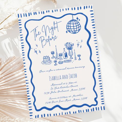 Whimsical Hand Drawn Blue Wavy Rehearsal Dinner Invitation