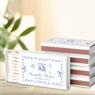 Whimsical Hand Drawn Blue Wedding Favor Matchboxes