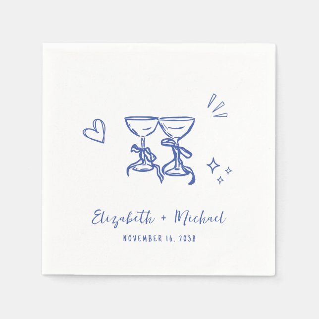 Whimsical Hand Drawn Blue Wine Glasses Wedding Napkins (Front)