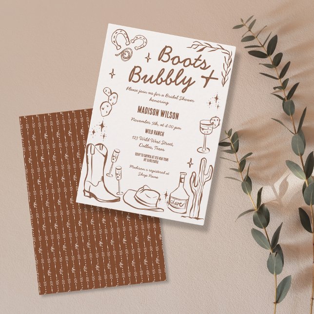 Whimsical Hand Drawn Boots & Bubbly Western Invitation (hand drawn wild west doodle bridal shower invitation in terracotta color)