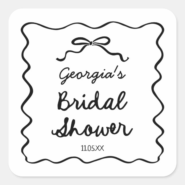 Whimsical Hand Drawn Bow Bridal Shower Square Sticker (Front)