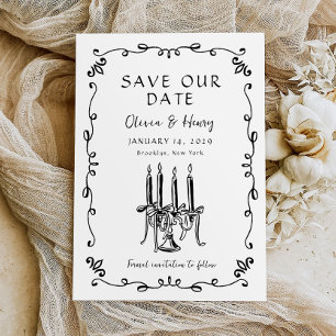 Whimsical Hand Drawn Bow Candelabra Save the Date Invitation