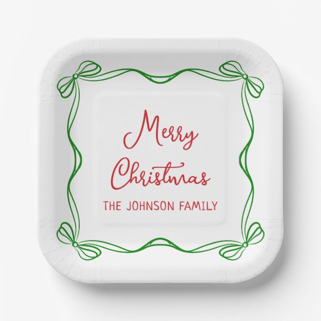 Whimsical Hand Drawn Bow Christmas Gift Paper Plates (Front)