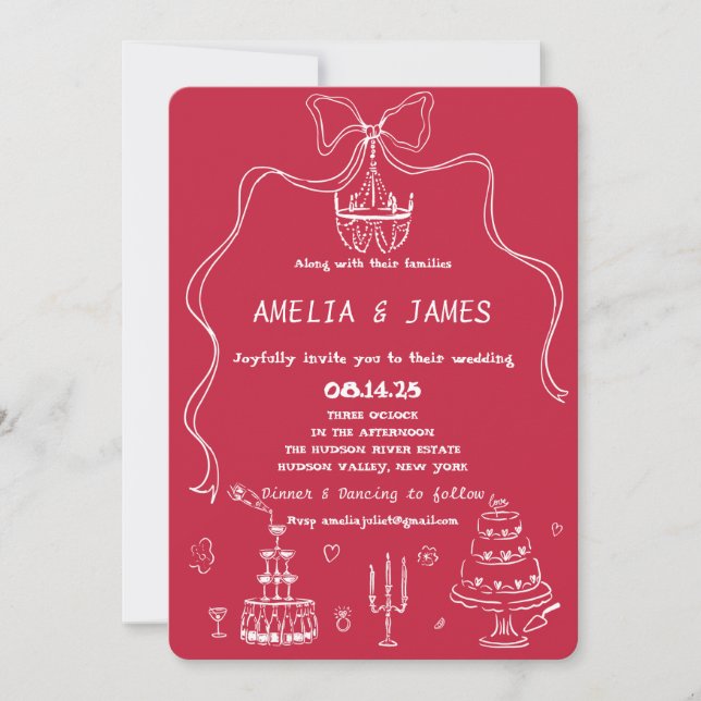 Whimsical Hand Drawn Bow Drawing Quirky Wedding In Invitation (Front)