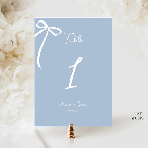 Whimsical Hand drawn Bow Dusty Blue Table Number