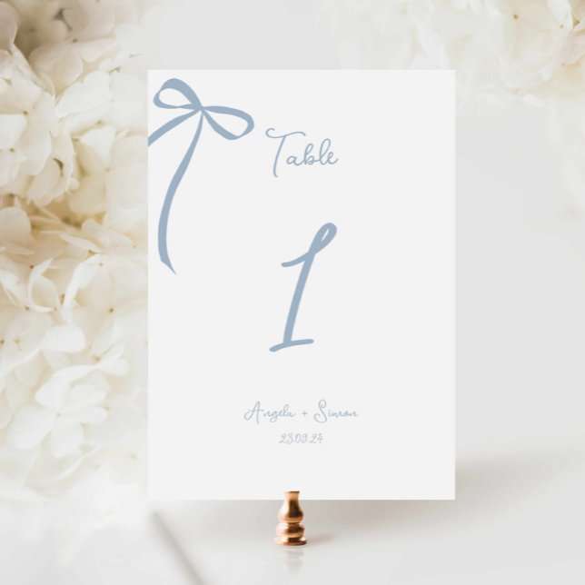 Whimsical Hand drawn Bow Dusty Blue Table Number (Creator Uploaded)