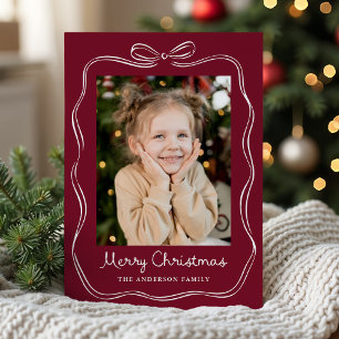 Whimsical Hand-Drawn Bow Frame Burgundy 2 Photo Holiday Card