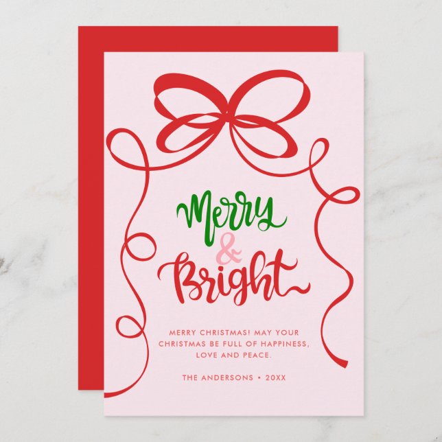 Whimsical Hand Drawn Bow Frame Merry & Bright  Holiday Card (Front/Back)