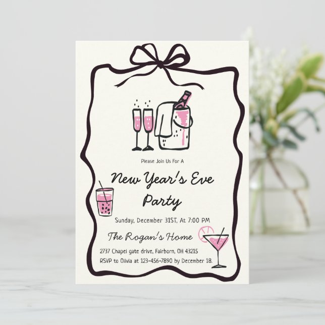 Whimsical Hand Drawn Bow Frame New Year Eve Party Invitation (Standing Front)