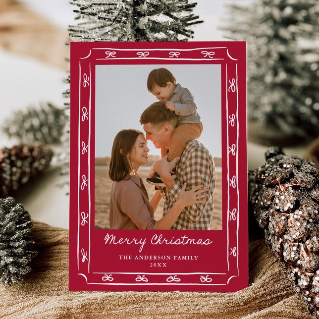 Whimsical Hand-Drawn Bow Frame Red 2 Photo Holiday Card (Creator Uploaded)