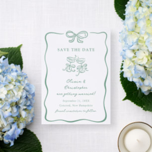 Whimsical Hand Drawn Bow Frame Sage Save the Date Letterpress Photo Cards