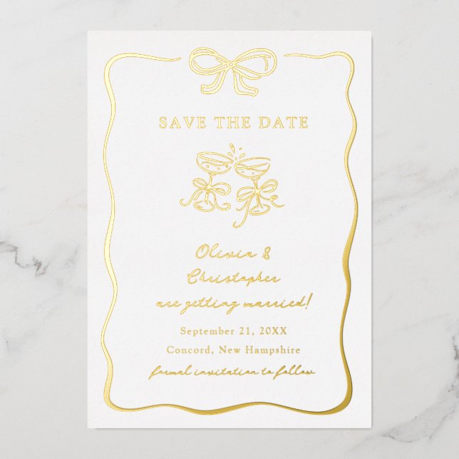 Whimsical Hand Drawn Bow Frame Save the Date Foil Invitation (Front)