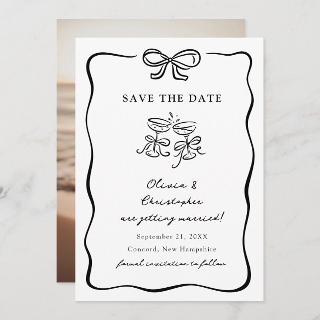 Whimsical Hand Drawn Bow Frame Save the Date Invitation (Front/Back)