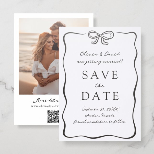 Whimsical Hand Drawn Bow Frame Save the Date  Letterpress Photo Cards (Front/Back)