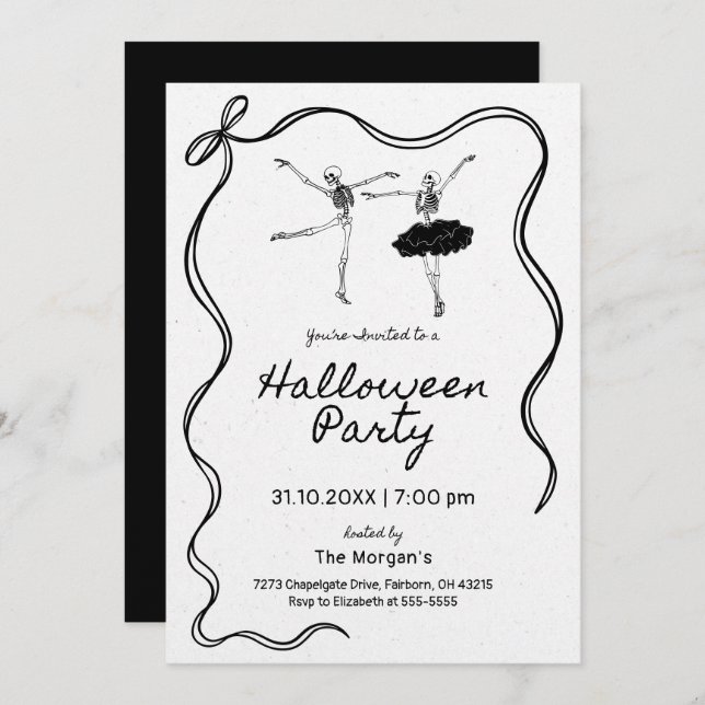 Whimsical Hand Drawn Bow Frame Skeleton Halloween  Invitation (Front/Back)