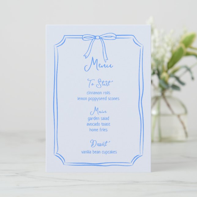 Whimsical Hand Drawn Bow Girly Coquette Blue Menu (Standing Front)