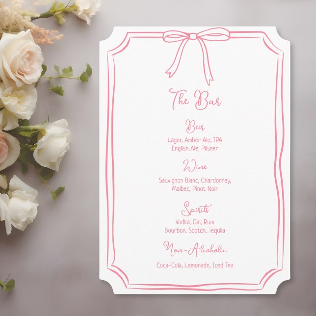 Whimsical Hand Drawn Bow Girly Coquette Pink Bar Menu (Creator Uploaded)